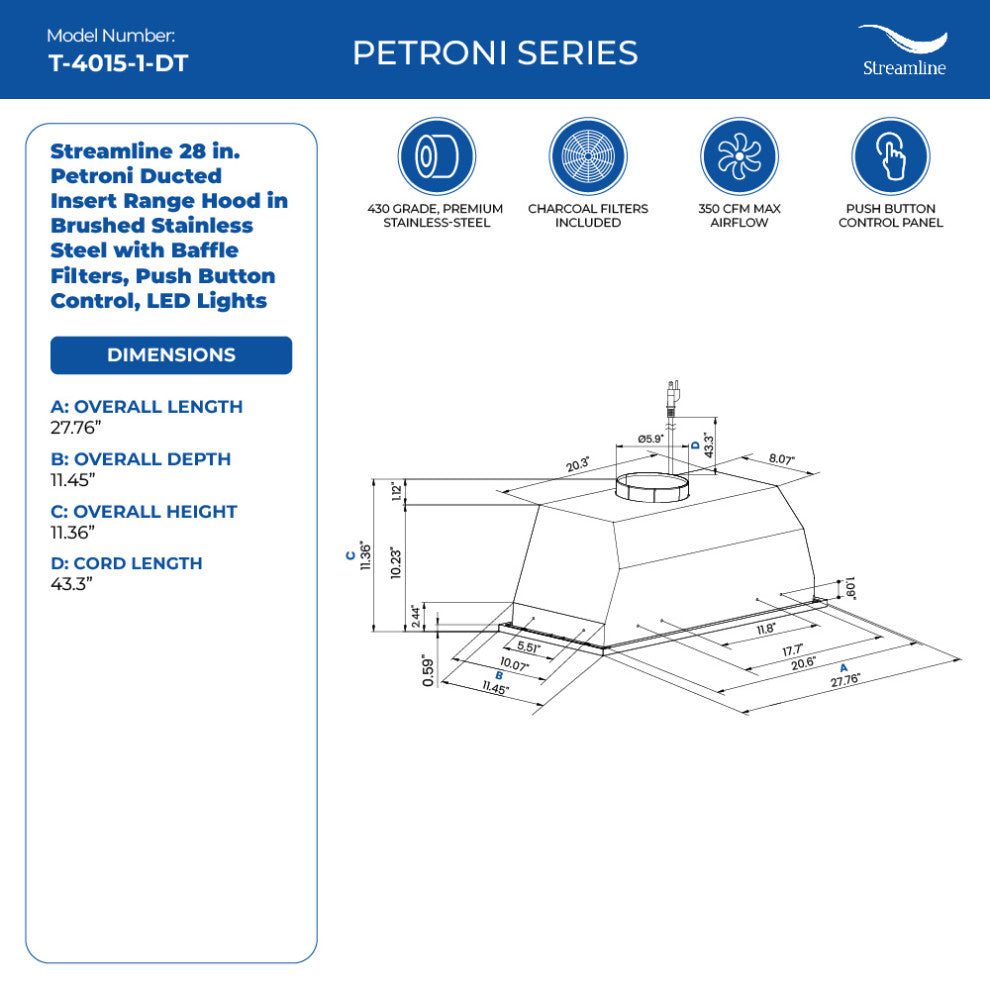 Streamline 28" Petroni Ducted Insert Range Hood, Stainless Steel
