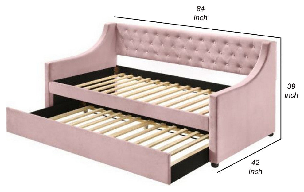 Benzara BM269213 Twin Daybed With Sloped Track Arms and Trundle, Pink