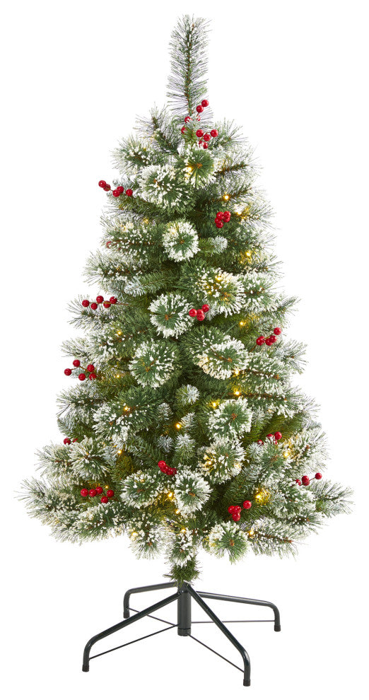 4' Frosted Swiss Pine Faux Christmas Tree With 100 Clear LED Lights and Berries