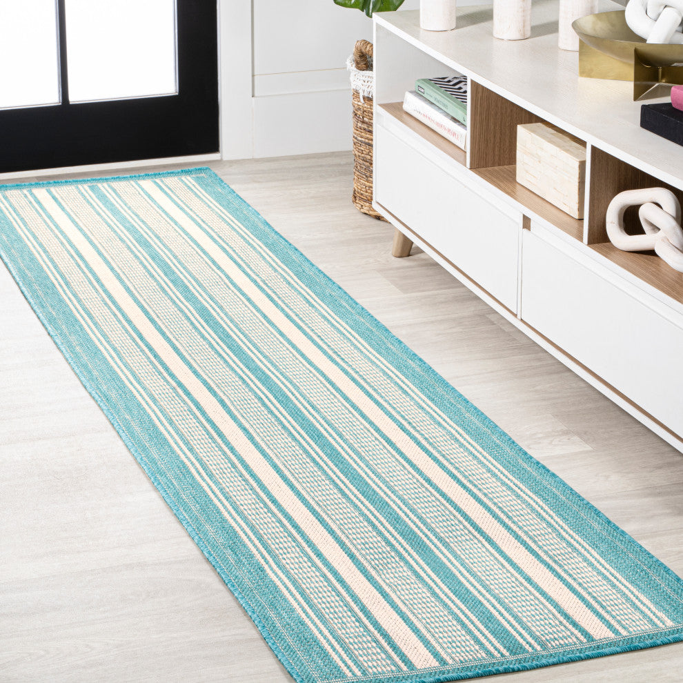 Haynes Modern Double Stripe Indoor/Outdoor Area Rug, Aqua/Beige, 2x8