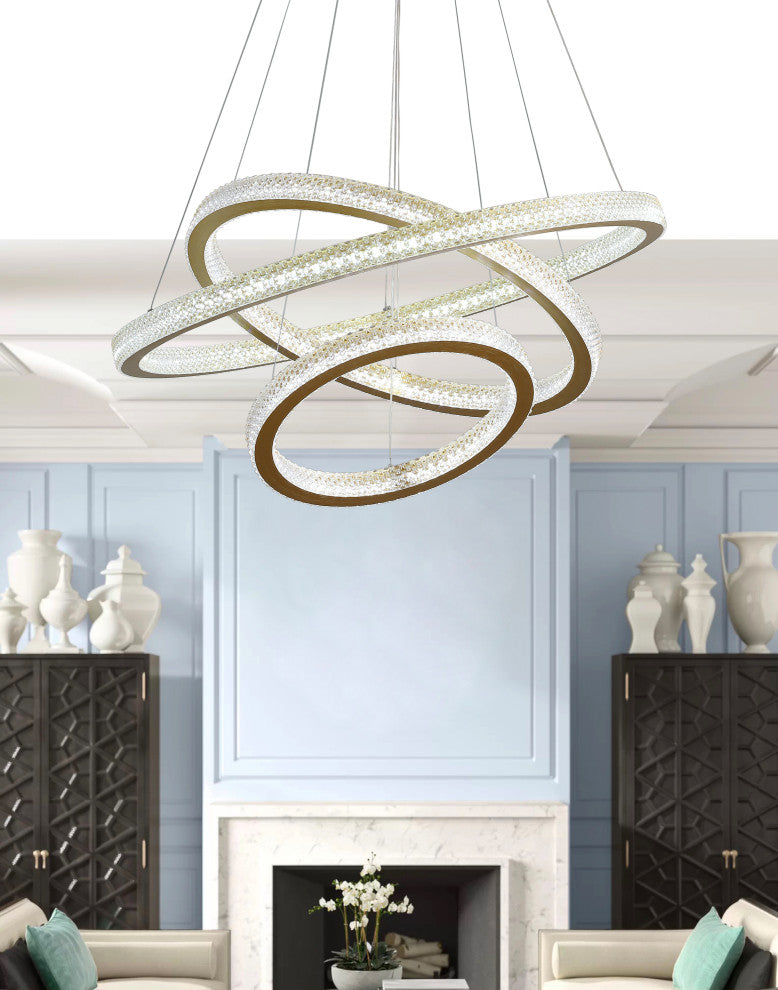 3 Ring LED Chandelier Modern Crystal Tiered Pendant Lights, Gold