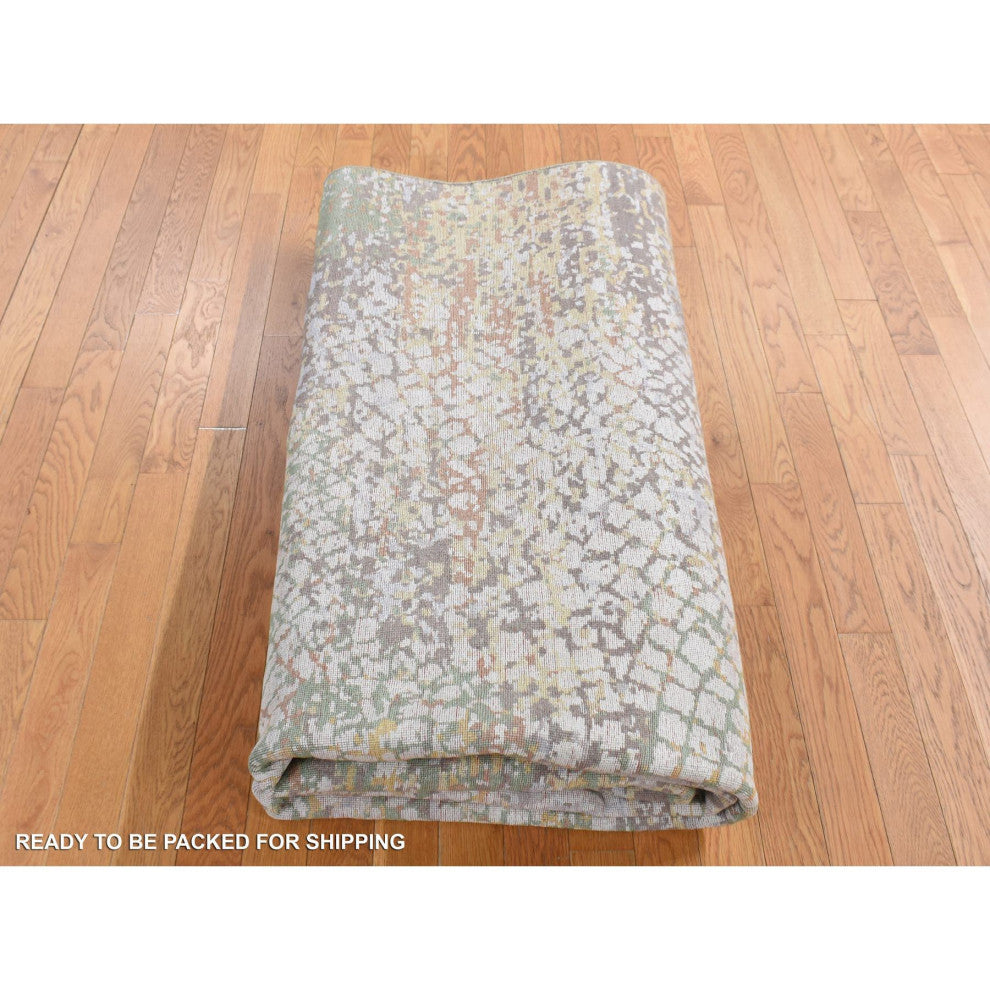 Rice White Wool and Silk Erased Roman Mosaic Design Hand Knotted Rug 8'1"x10'1"