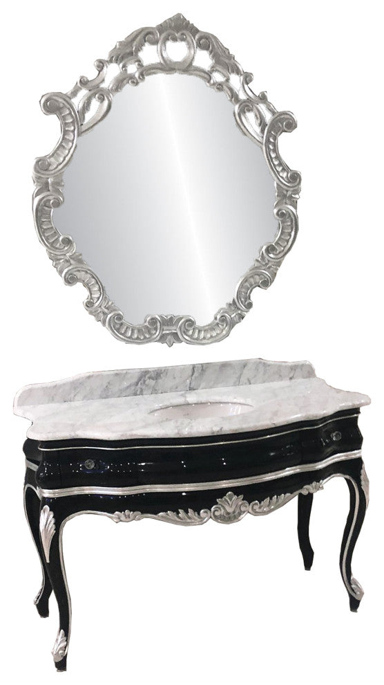 Handmade 48'' Single Bath Vanity, Italian Marble Top, Solid Wood, Mirror, Black