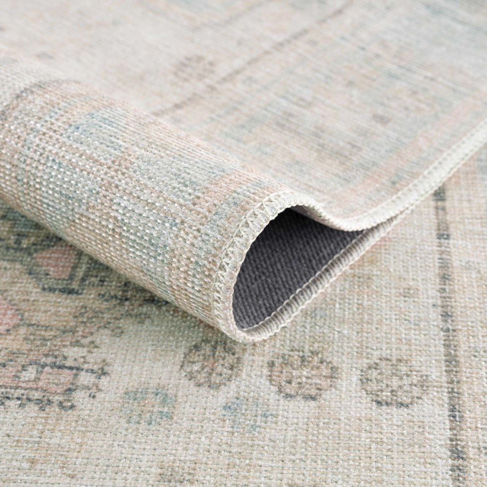 Hauteloom Light Brown and Blue Baloy Washable Area Rug, 6'7"x9' Rectangle