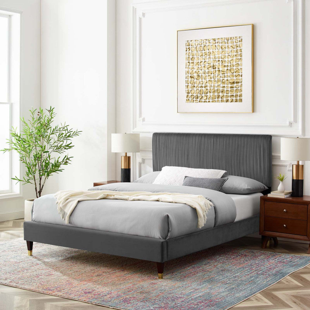 Platform Bed Frame, Twin Size, Velvet, Dark Grey Gray, Modern Contemporary