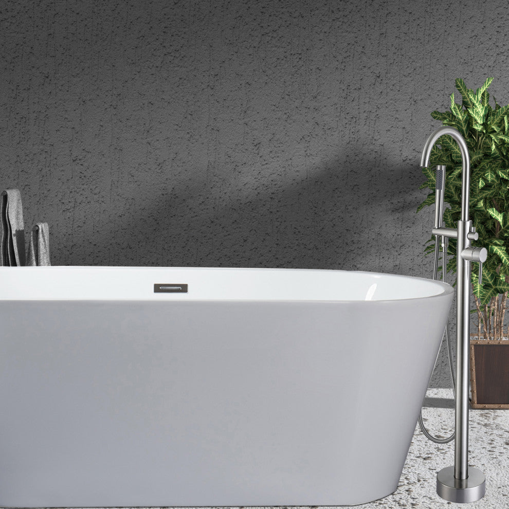 Floor Mounted Stainless Steel Handle Bathtub Faucet, Handheld, Brush Nickel