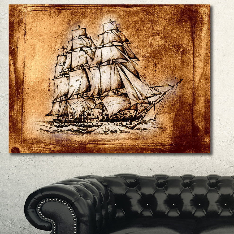 Ancient Sailboat Drawing, Seashore Wall Art on Canvas, 40"x30"