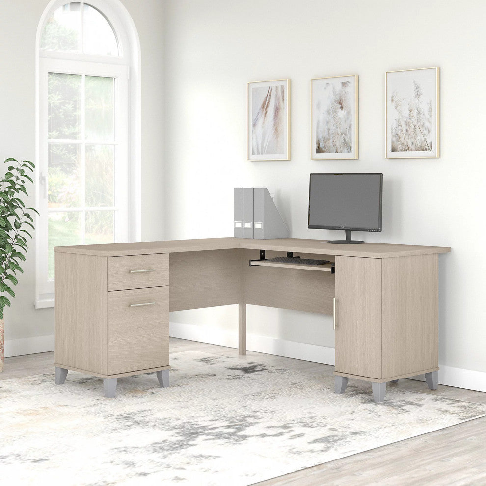 Transitional Desk, Corner Design With Cable Management & Drawers, Sand Oak