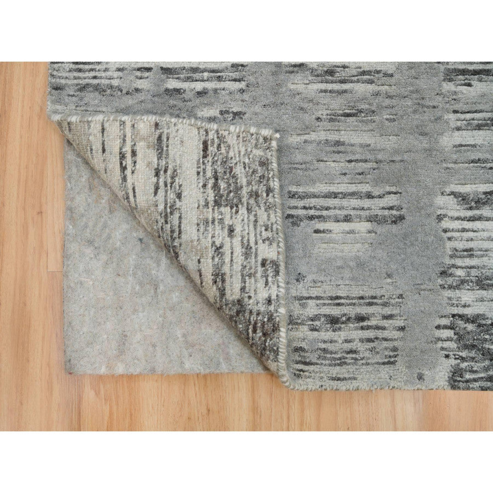 Gray, Hand Spun Wool, Hand Knotted, Modern Design, XL Runner Rug, 2'7"x25'6"