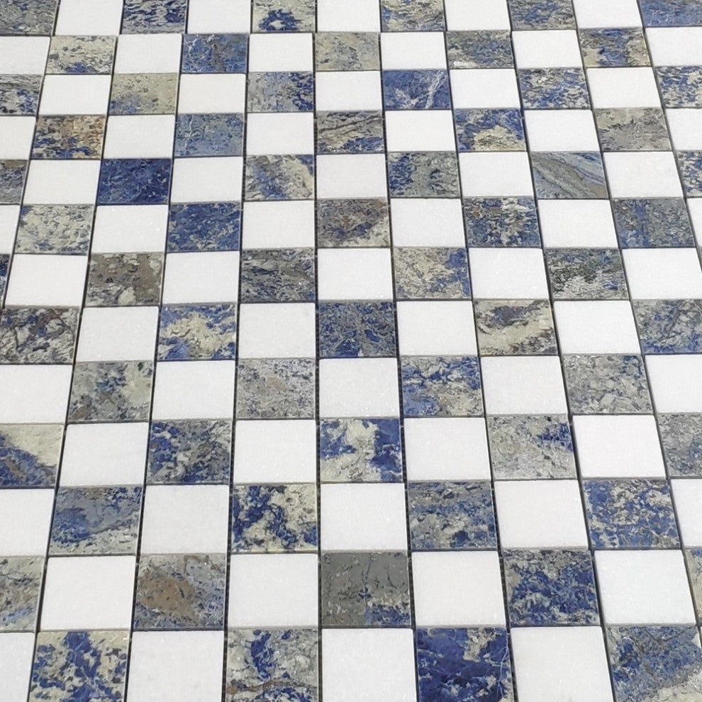 Thassos White Azul Macaubas Blue Marble Checkerboard Mosaic Tile Honed, 1 sheet