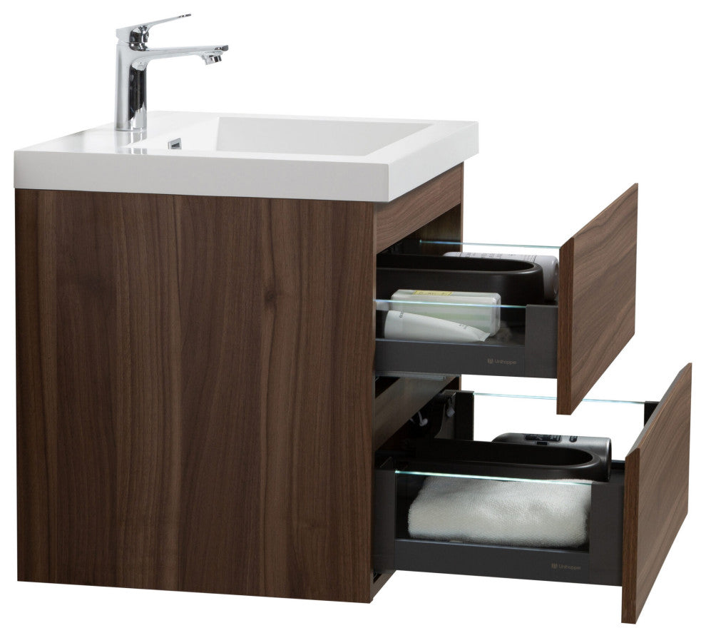 Aurora Wall Mount Vanity, White Acrylic Top, Smokey Walnut, 30"
