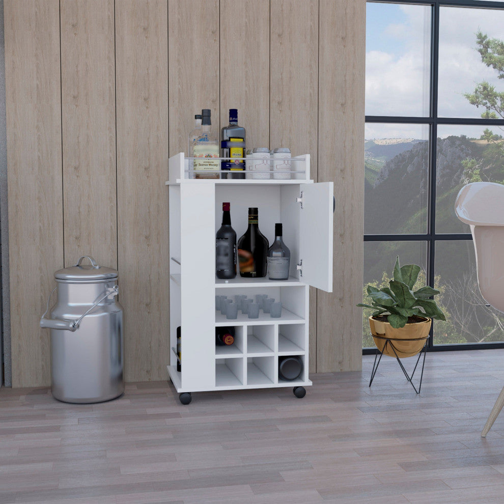 Farson Bar Cart with 6 Built-in Wine Racks, Cabinet, and Caster Wheels, White