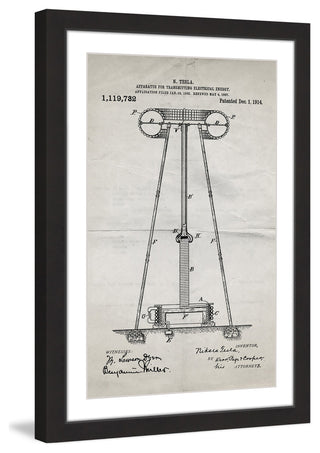 "Tesla Coil 1914 Old Paper" Framed Painting Print