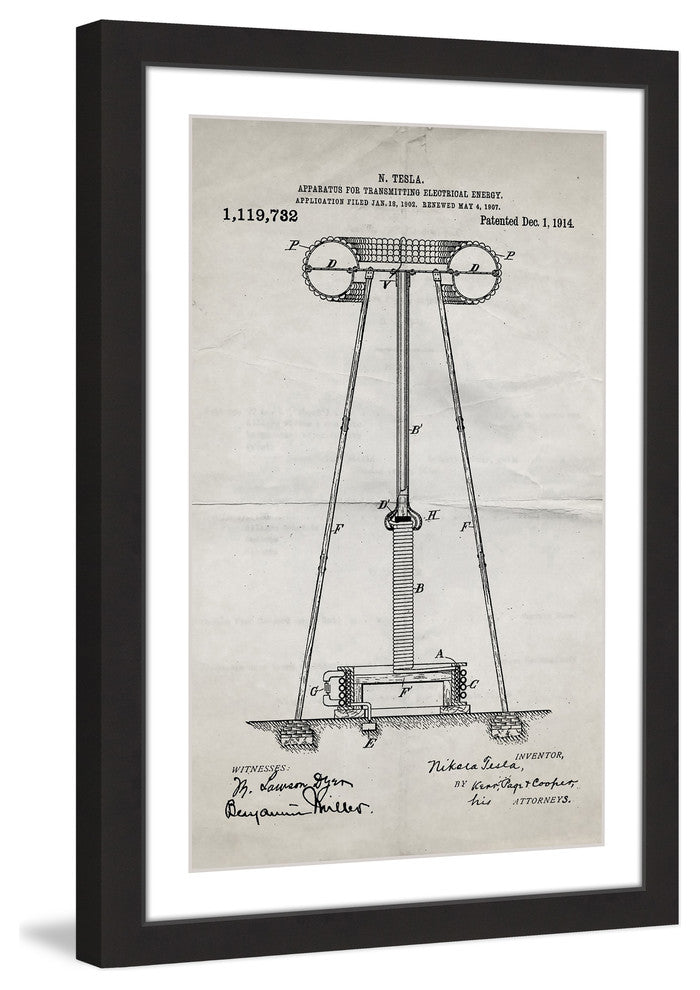 "Tesla Coil 1914 Old Paper" Framed Painting Print