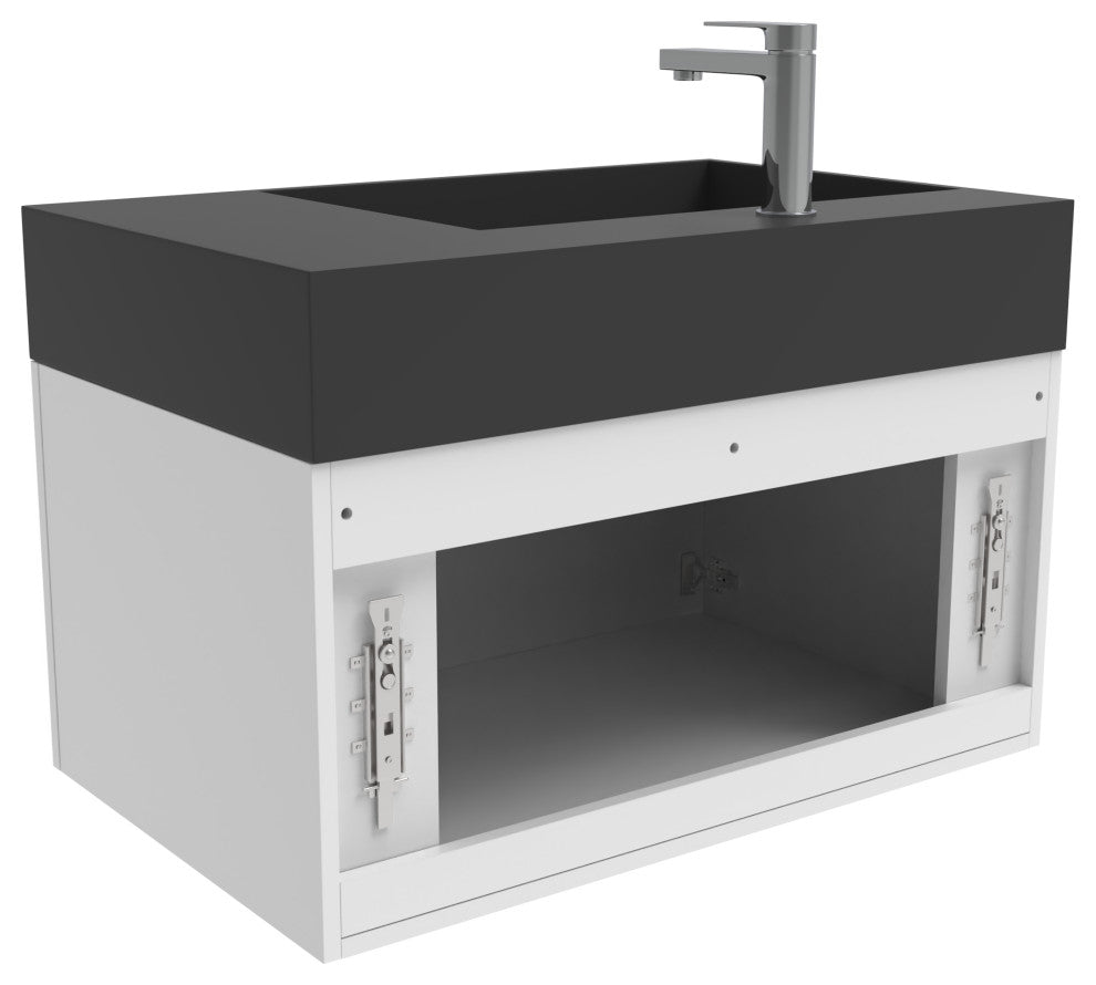 CastelloUSA Amazon 30" Left Wall Mounted Bathroom Vanity Set, White, Black Top, Brushed Nickel