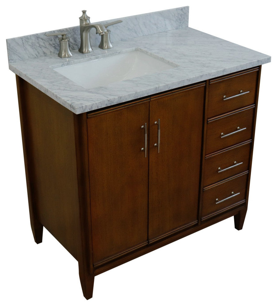 37" Single Vanity, Walnut Finish With White Carrara