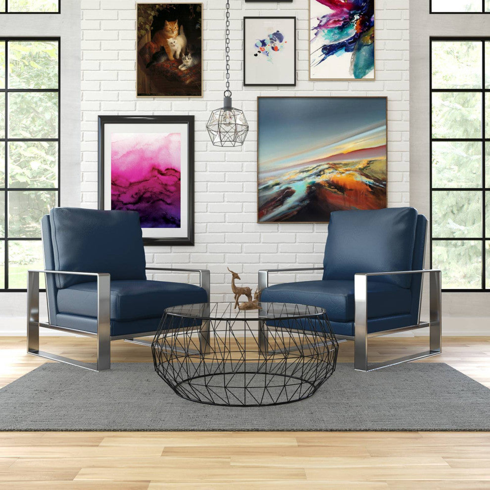 LeisureMod Jefferson 3-Piece Set With Coffee Table and 2 Arm Chairs, Navy Blue