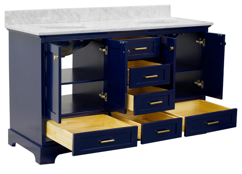 Harper 60" Bathroom Vanity, Royal Blue, Carrara Marble, Double