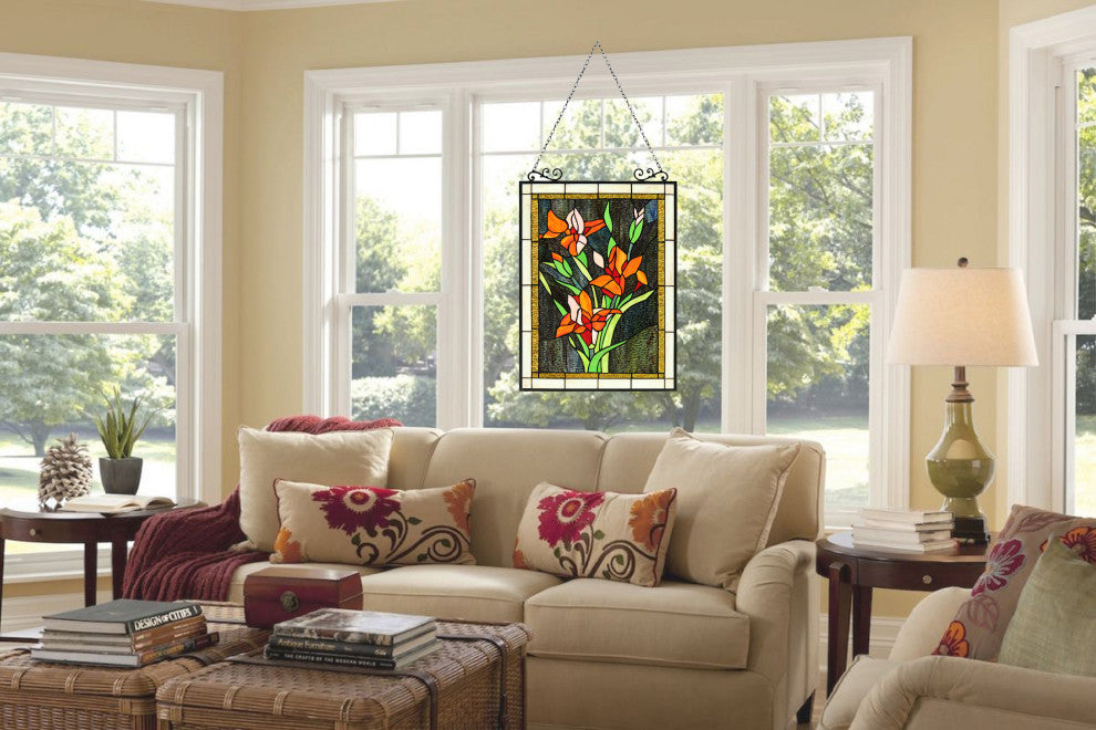 Orange Lily Floral Tiffany-Style Vertical Panel 24" Tall