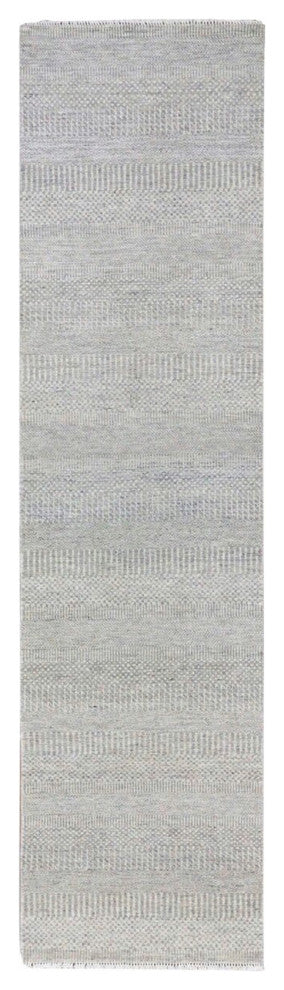 Pastel Gray Hand Knotted Grass Design Organic Undyed Wool Runner Rug 2'6"x10'2"