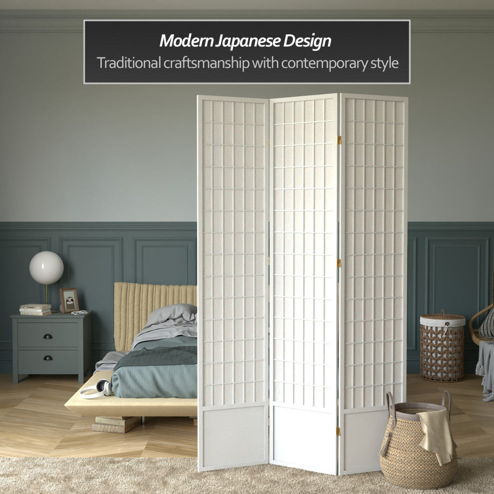 7' Tall Window Pane Shoji Screen, White, 3 Panels