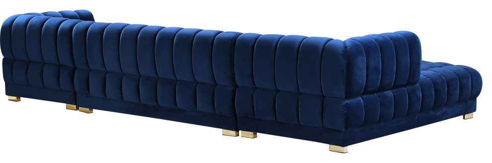 Gwen Biscuit Tufted Velvet Upholstered 3 Piece Sectional, Navy