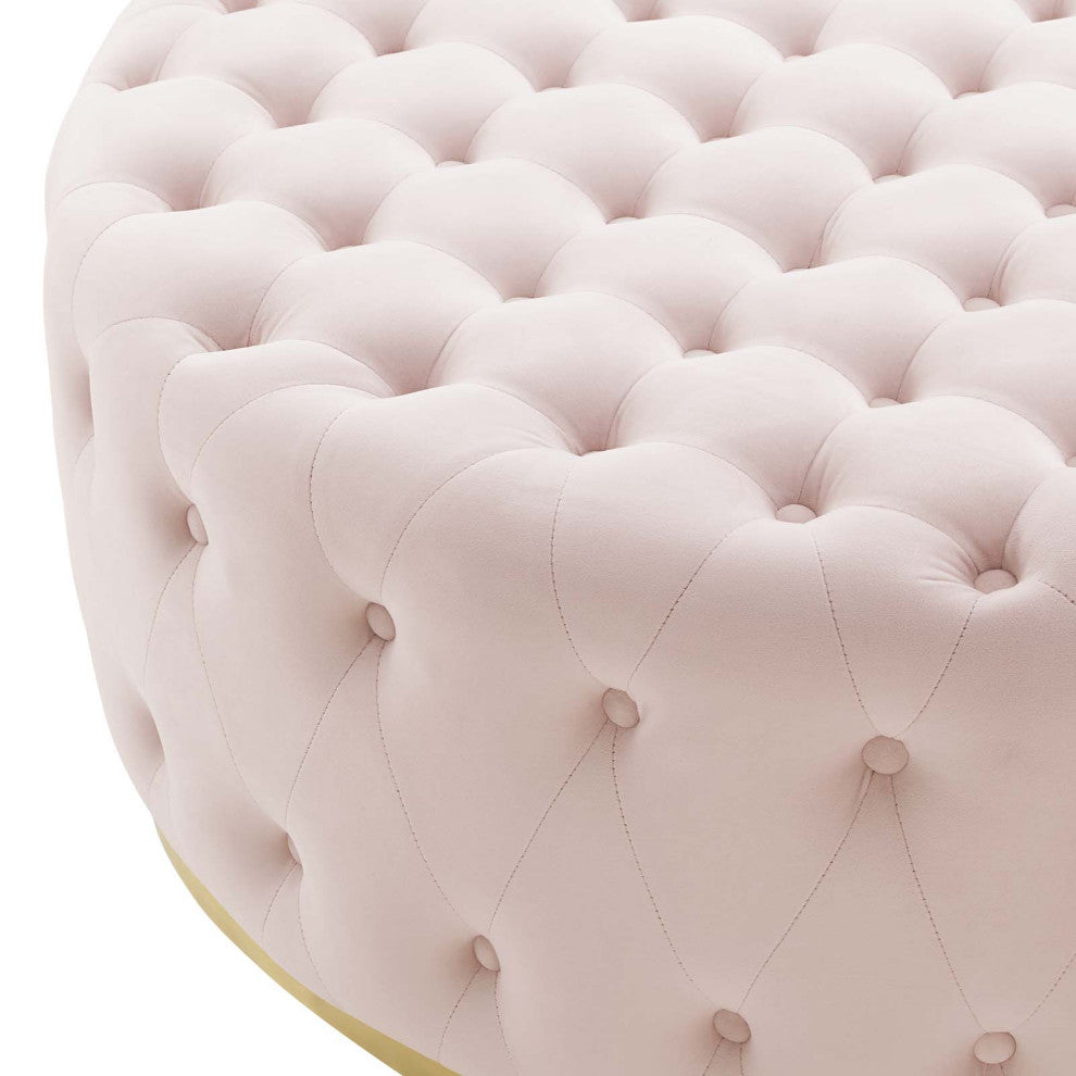 Tufted Accent Chair Ottoman, Round, Velvet, Pink, Modern, Lounge Hospitality