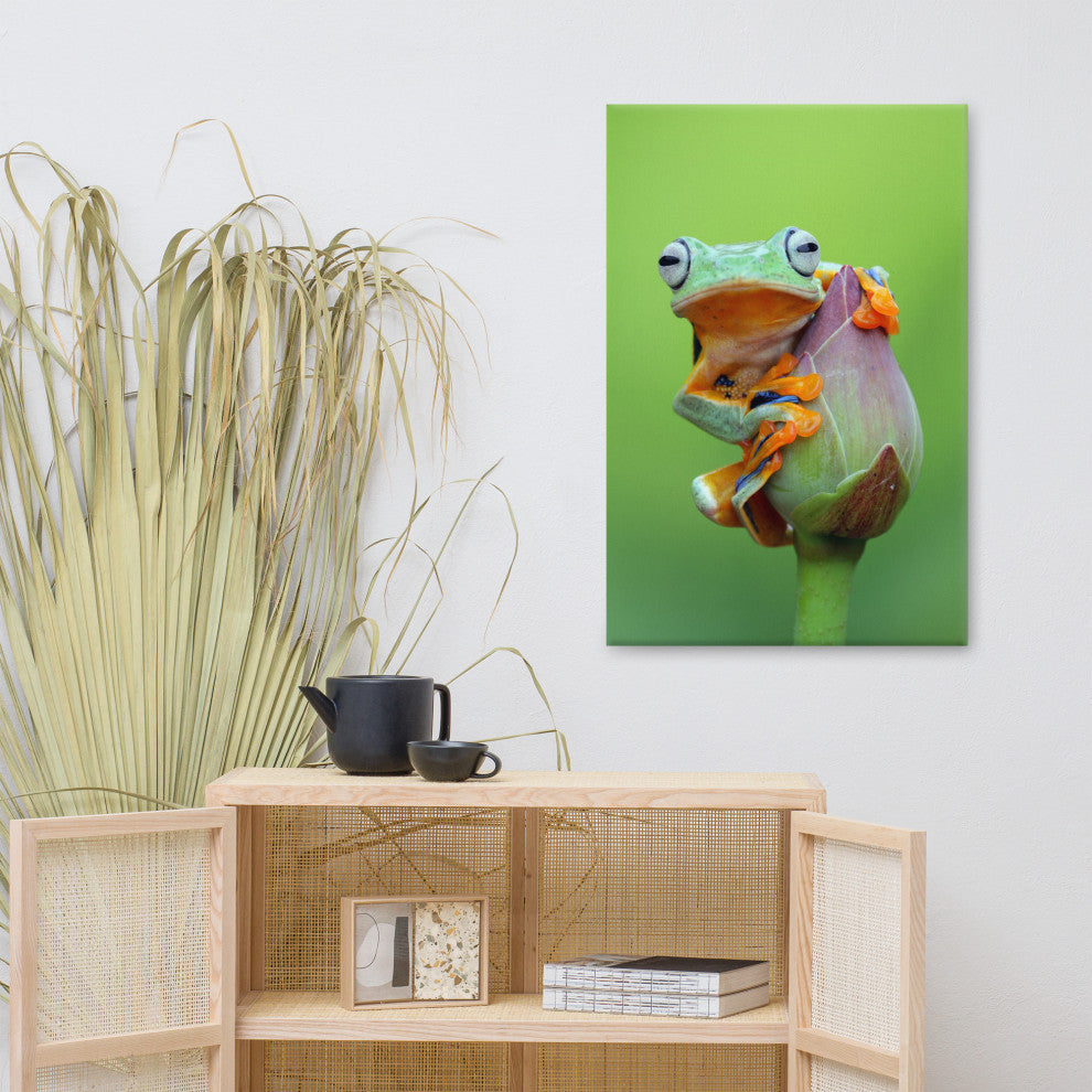 Tiny Green Tree Frog on Lotus Bloom Wildlife Floral Photo Canvas Wall Art Prints, 24" X 36"