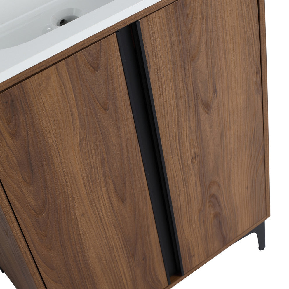 Single Vanity, Brown Walnut Finish With Solid Surface Resin White Sink, 24"