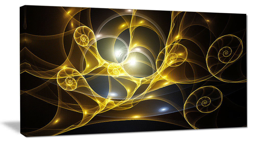 Golden Curly Spiral on Black, Abstract Wall Art Canvas, 32x16