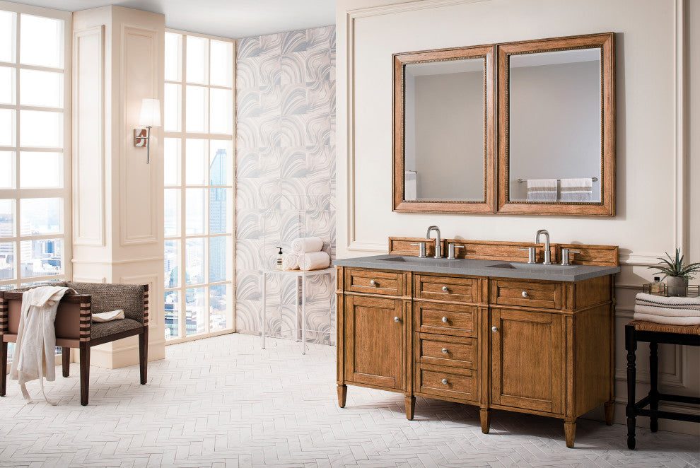 Brittany 60" Saddle Brown Double Vanity, Gray Expo Quartz Top
