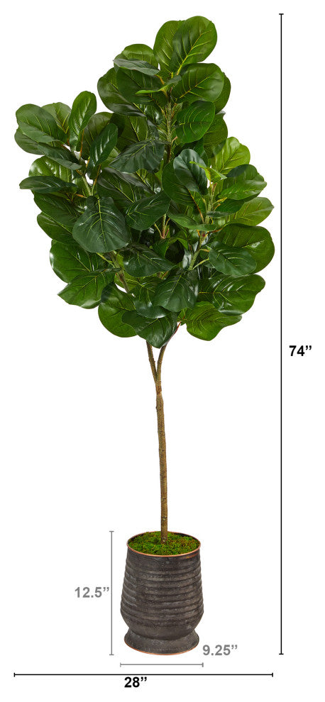 74" Fiddle leaf Fig Artificial Tree, Ribbed Metal Planter