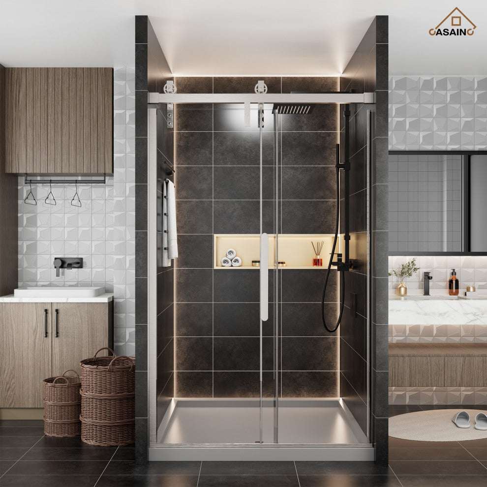47-in to 48-in x 76-in Frameless Sliding Shower Door, Brushed Nickel