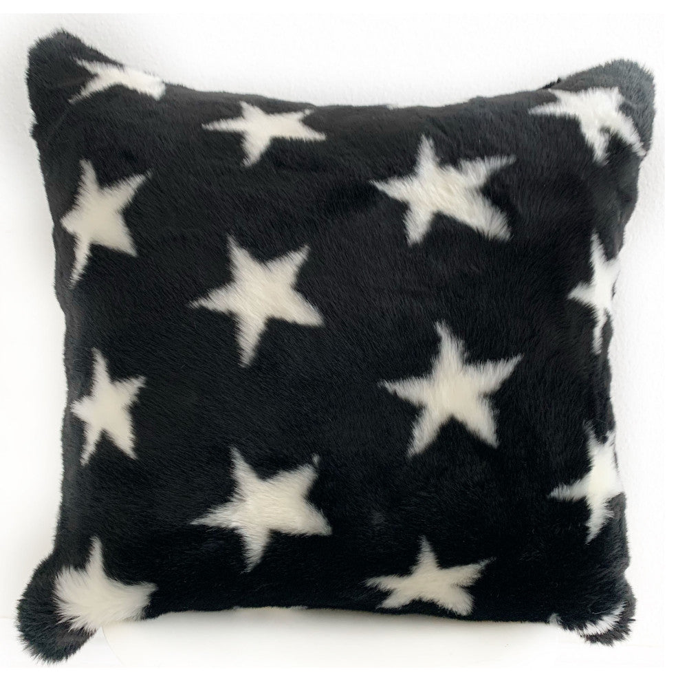 Plutus Black and White Stars Soft Animal Faux Fur Luxury Throw Pillow, 24"x24"