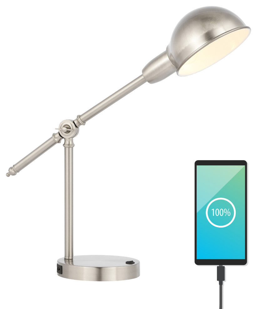 20.25" Iron Adjustable Dome Shade LED Task Lamp With USB Charging Port, Nickel