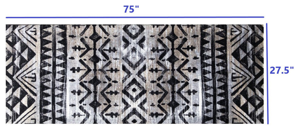 2' x 6' Black and Gray Aztec Washable Runner Rug