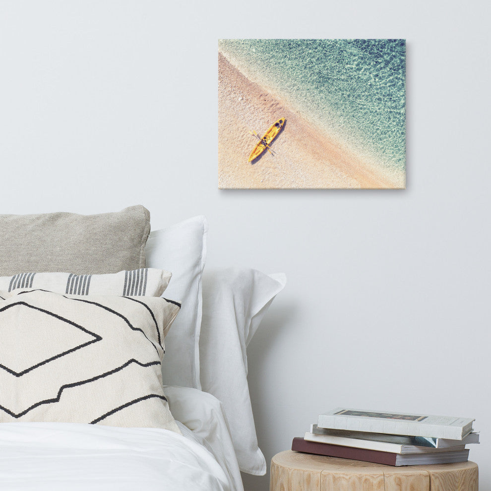 Yellow Canoe and Blue Sea by with Soft Violet Effect Canvas Wall Art Prints, 16" X 20"