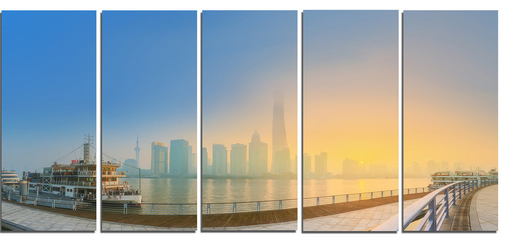 Shanghais Night with Lights, Cityscape Canvas Art Print, 60"x28", 5 Panels