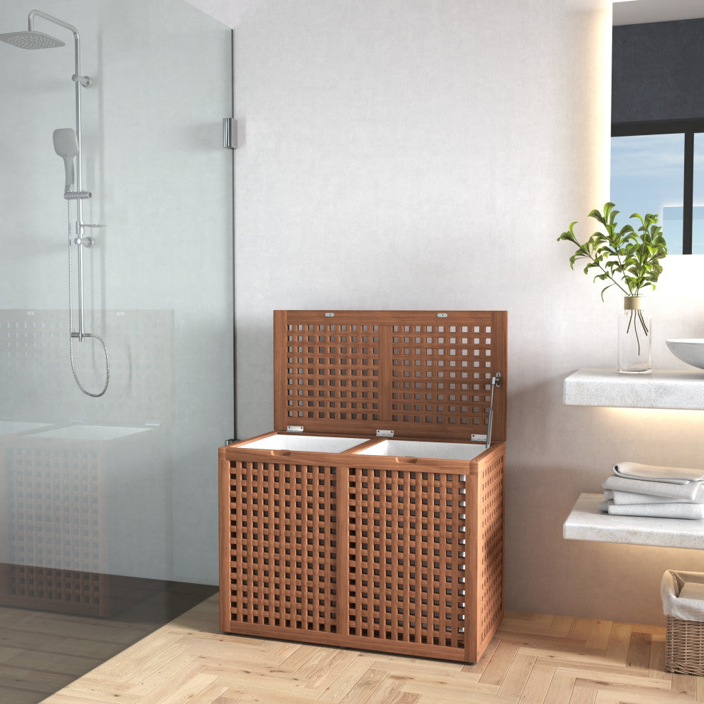 Grate Medium-Size Double Teak Laundry or Storage Hamper