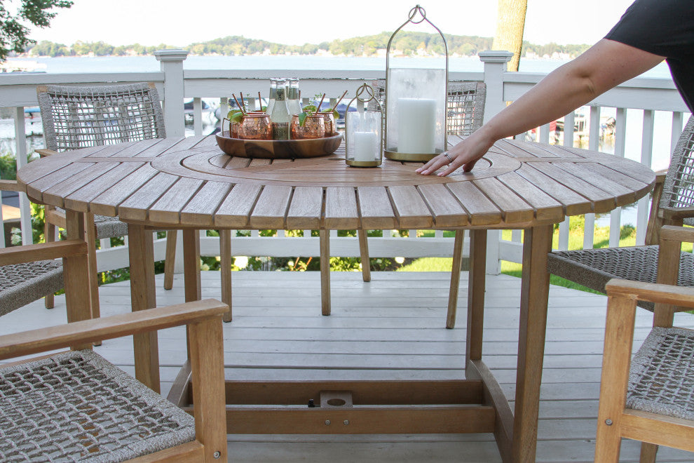 8 Person Antique Wash Lazy Susan Table With Wheat Rope Chairs