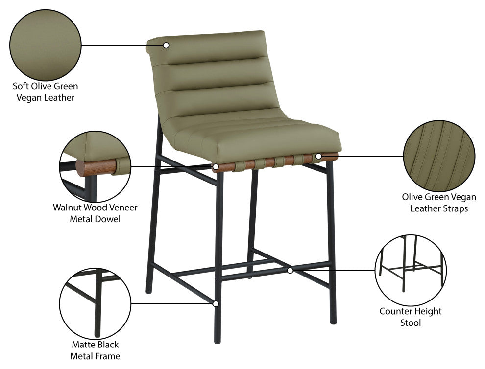 Burke Counter Stool, Green, Vegan Leather, Walnut Veneer Metal Dowel