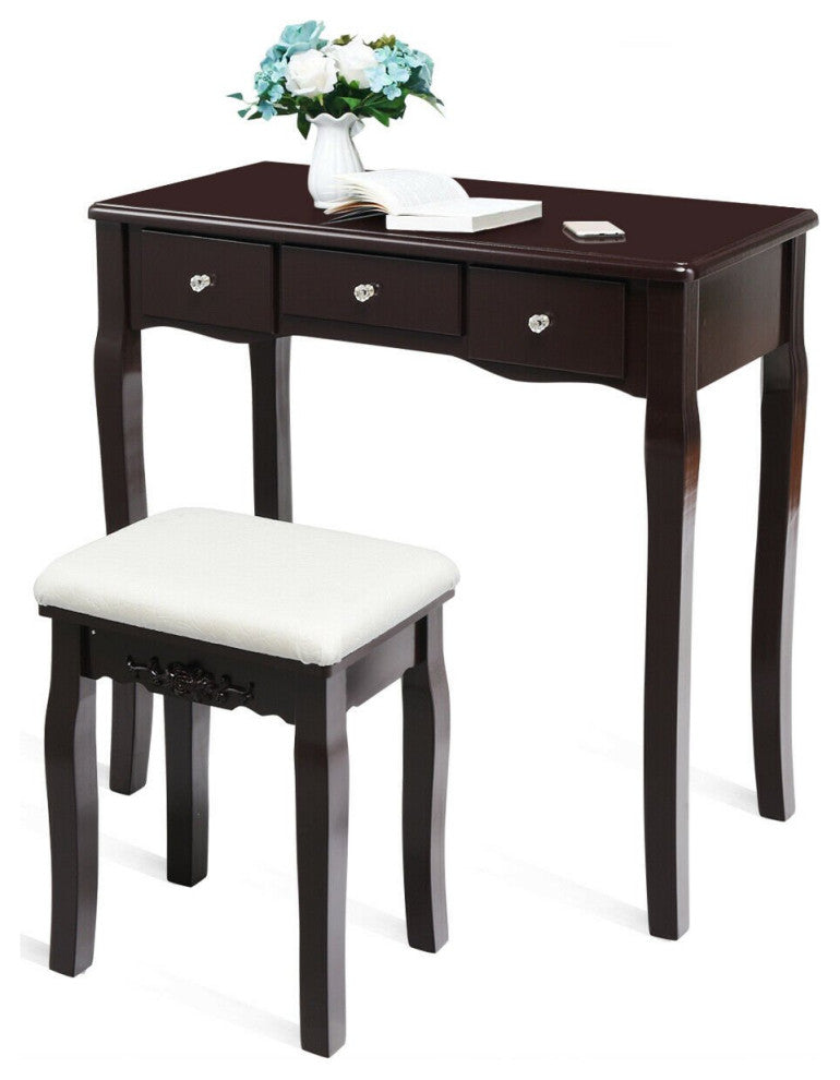 Elegant Vanity Set, Storage Drawers With Crystal Knobs & Lighted Mirror, Black