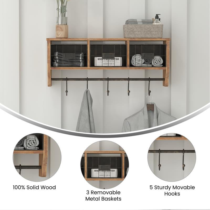 Daly Wall Mounted 24"Solid Pine Wood Coat Rack, Rustic Brown