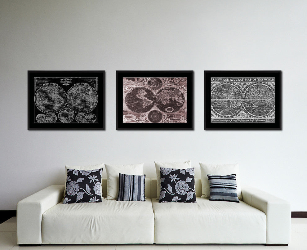 World Hemispheres Vivid Sepia Map Print On Canvas With Black Frame, 16" X 21"