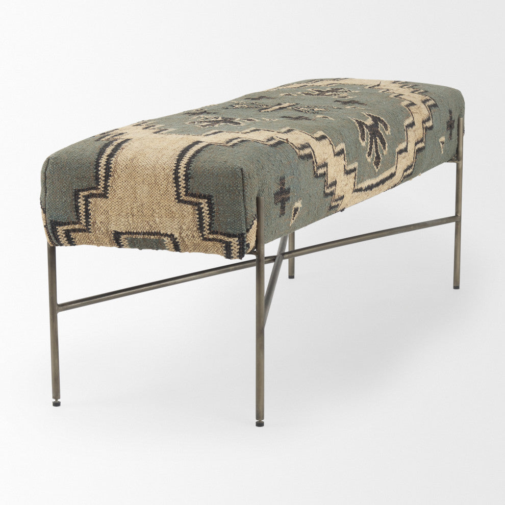 Avery I Multi-Colored Patterned Seat With Silver Iron Frame Accent Bench