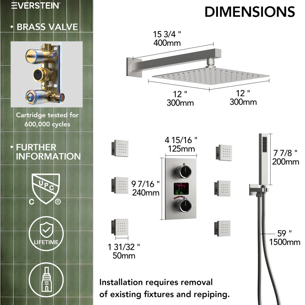 LED Temperature Digital Display Shower System With Body Jets, Brushed Nickel, 12 Inches