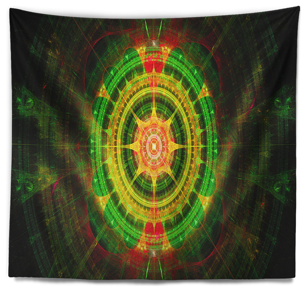 Bright Green Fractal Sphere Abstract Wall Tapestry, 60"x50"