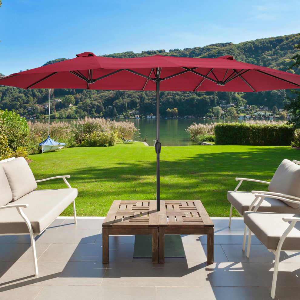 15'x9' Steel Double-Sided Rectangular Outdoor Market Patio Umbrella, Red