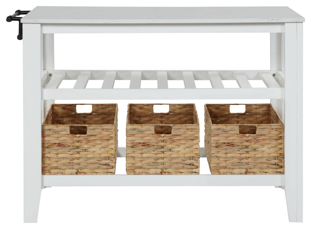 Sezye Kitchen Island, Marble Top and White Finish