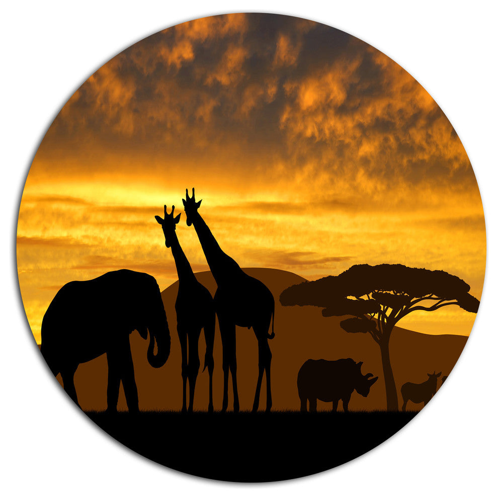 Giraffes And Elephant And Rhino, African Round Wall Art, 23"